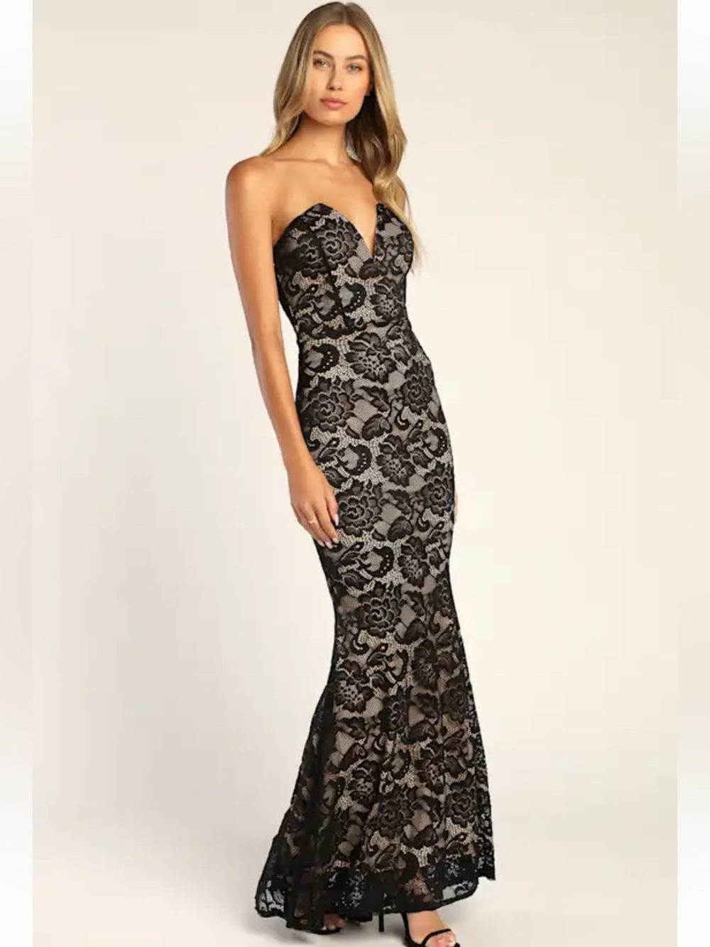 NWT Lulus Sexy Sophistication Black Lace Strapless Trumpet Maxi Dress